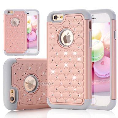 iPhone 6S Case, ShuYo [Twinkle Series] Hard PC with Soft Rubber Heavy Duty Dual Layer Hybrid Armor Bling Diamond Defender Case Cover For iPhone 6 / 6S (4.7 inch) - Rose Gold/Grey