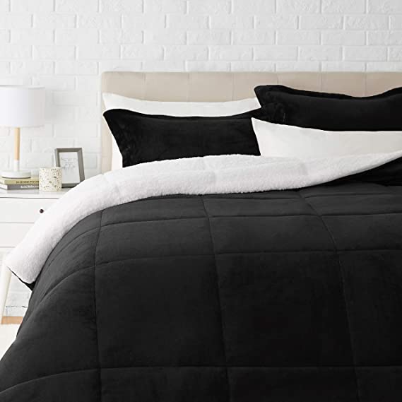 AmazonBasics Ultra-Soft Micromink Sherpa Comforter Bed Set, Full or Queen, Black - 3-Piece