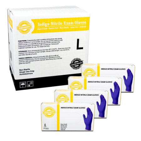 SupplyMaster - SMINE4L - Exam Nitrile Gloves - Disposable, Powder Free, Exam, 4 mil, Large, Indigo (Pack of 400)