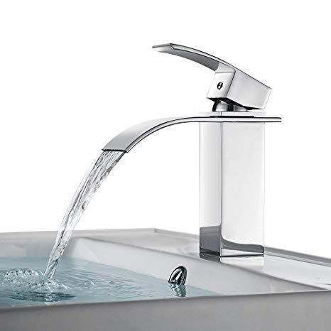 FChome Waterfall Bathroom Sink Faucet, Brass Single Hole Mixe Tap Deck Mounted, Polished Chrome