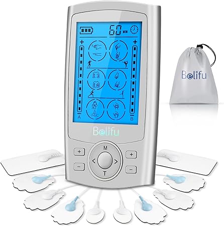 Belifu Dual Channel TENS EMS Unit 24 Modes Muscle Stimulator for Pain Relief Therapy, Electronic Pulse Massager Muscle Massager with 10 Pads, Dust-Proof Drawstring Storage Bag