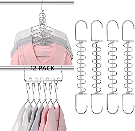 KLEVERISE 12 Pack Space Saving Hangers 12 Slots Metal Clothes Hangers Magic Cascading Hangers Closet Space Savings Organizer for Pants Trousers Jeans Skirts Tank Top Cami Bra Pajamas Dress Suit