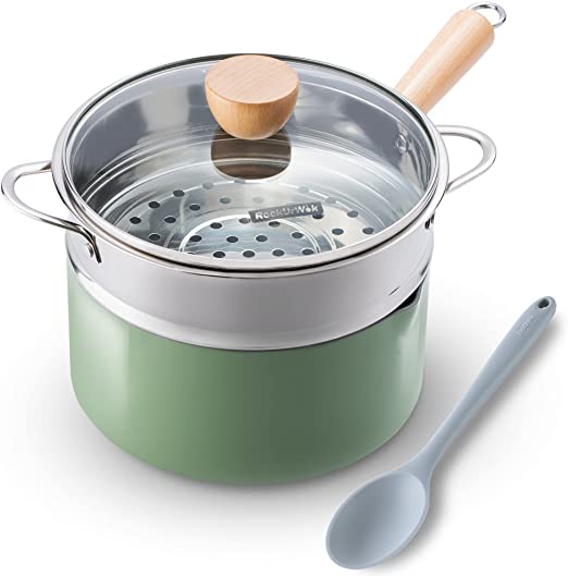 ROCKURWOK Nonstick Ceramic Saucepan with Steamer, Sauce Pan Small Pot with Lid, 2.5 Quart, Green