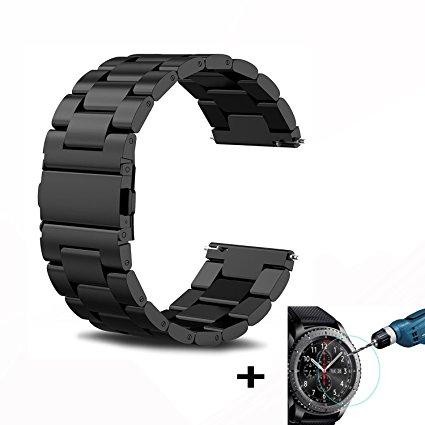 Gear S3 Frontier Band Gear S3 Classic Band  Gear S3 Tempered Glass Screen Protector FOURCHEN Stainless Steel Metal Replacement Strap Wrist Band for Samsung Gear S3 Frontier / Gear S3 Classic (black)
