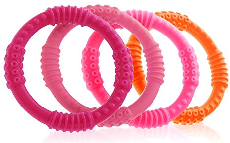Teether Rings - (4 Pack) Silicone Sensory Teething Rings - Fun, Colorful and BPA-Free Teething Toys - Soothing Pain Relief and Drool Proof Teether Ring (Girls)
