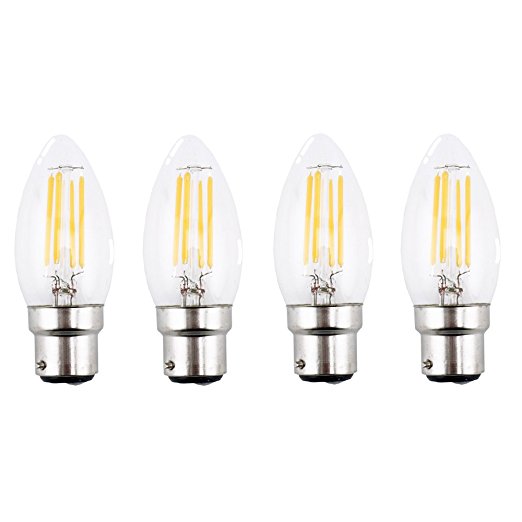 Bonlux 4-Pack 4W BC B22 Filament LED Candelabra Bulb Warm White 2700K Bayonet Cap LED Vintage Filament Candle Bulb 40W Incandescent Replacement(Non-dimmable)