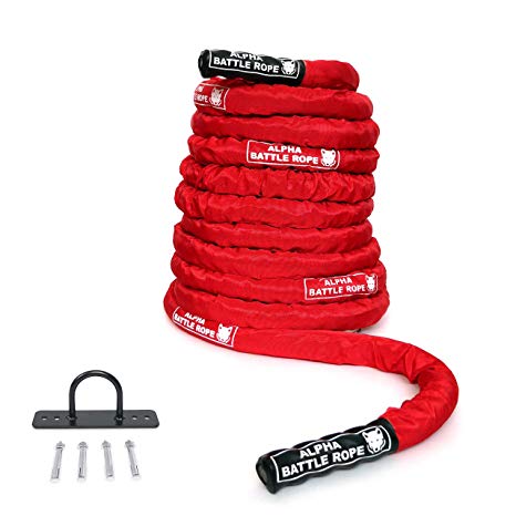 Alpha Battle Rope - Red - 38mm/50mm width - 9m/12m/15m length - Stamina & Muscle Builder - Heavy Duty Protection Sleeve - Wall Anchor Kit Included