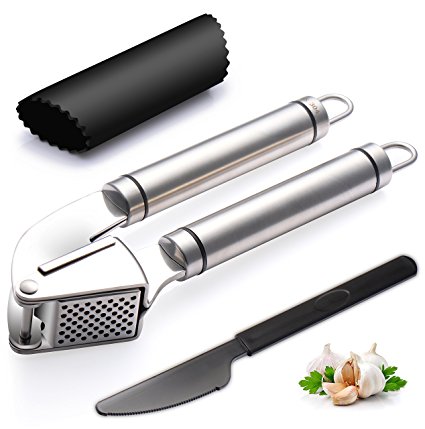 Garlic Press Stainless Steel Garlic Crusher Cloves Chopper Ginger Mincer Squeezer with Silicone Peeler Set Easy Clean and Dishwasher Safe for Home Restaurant Chef Kitchen Tool Gift