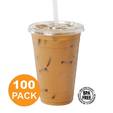 Clear Plastic Cups With Flat Slotted Lids for Iced Cold Drinks 16oz, Disposable, Medium Size [100 Pack]
