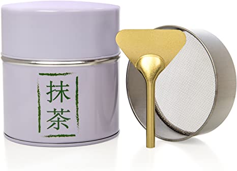 Tealyra - Matcha Plated Aluminum Tin and Stainless Steel Mesh Sifter and Scoop - Matcha Green Tea Strainer Can - Removable Sifter Part - Make Perfect Matcha - Holds Up To 113g (4-ounce)