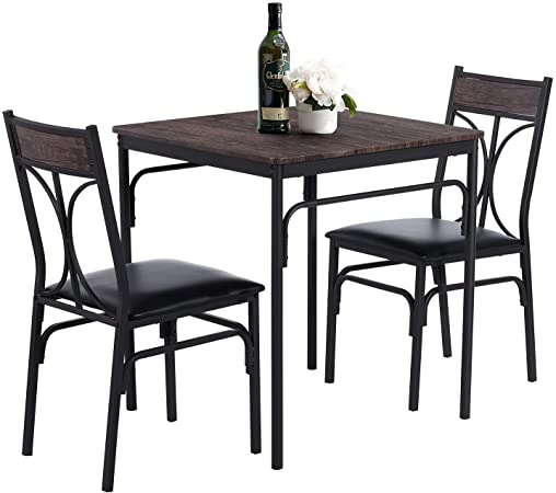 VECELO Modern Industrial Style 3-Piece Dining Room Kitchen Table and Pu Cushion Chair Sets for Small Space, 2, Dark BRN