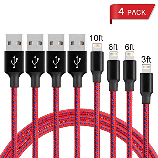 iPhone Charger, UPMSX 4PACK 3FT 6FT 6FT 10FT Extra Long Nylon Braided Lightning to USB Cable Charging Cord for iPhone X/ 8 plus/ 8 /7 plus/ 7/ 6 plus/ 6s/5/ 5s/ SE /iPad and iPod(Blue&Red)