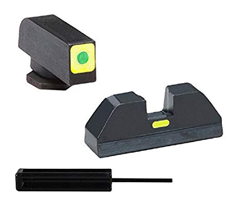 AmeriGlo GL-615 Glock 20, 21, 29, 30, 31, 32, 36, 40, 41 Cap Set Green Tritium Green Outline, 140" Wide Front, 155" Notch, Green Cap Rear   Ultimate Arms Punch Tool