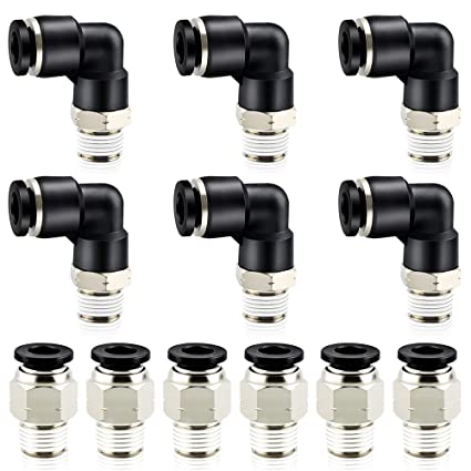 Tailonz Pneumatic Elbow and Straight Combination 1/4 Inch Tube OD x 1/8 Inch NPT Thread Push to Connect Fittings PC-1/4-N1 PL-1/4-N1(Pack of 12)