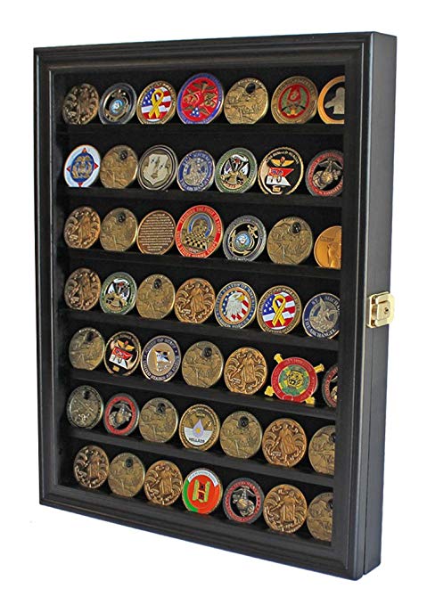 Challenge Coin/Casino Chip Display Case Cabinet Holder Shadow Box, Glass Door, Black (COIN56-BL)