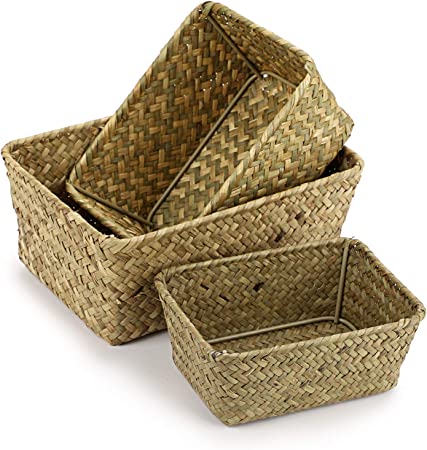 Hipiwe Set of 3 Handwoven Wicker Storage Bin - Small Natural Seagrass Nesting Baskets Bin Fruit Storage Baskets Home Organizer Bins for Bathroom Shelf Organizer