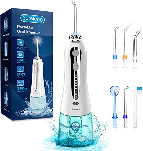 Water Flosser for Teeth, Professional Cordless Oral Irrigator, USB Rechargeable Dental Flosser for Teeth Braces, Portable IPX 7 Waterproof Dental Cleaning Product with 5 Clean Modes for Travel, Home