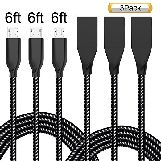 ONSON Micro USB Cable,3Pack 6FT Long Nylon Braided High Speed USB to Micro USB Charging Cables Samsung Fast Charger Android Cord for Samsung Galaxy S7 Edge/S6/S4,Note 5/4,Nexus-BlackWhite