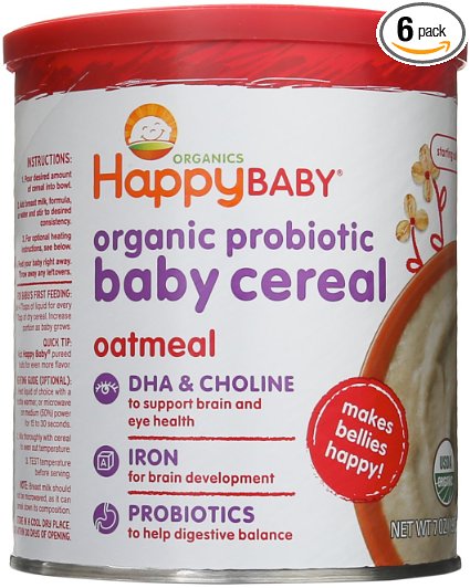 Happy Baby Organic Probiotic Baby Cereal with DHA & Choline, Oatmeal, 7-Ounce Canisters (Pack of 6)