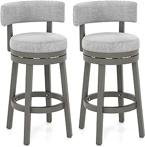 COSTWAY Bar Stools Set of 2, 31-inch 360° Swivel Barstool with Upholstered Back & Seat, Solid Rubber Wood Legs & Round Footrest, Farmhouse Bar Height Chair for Home, Bar, Grey (2, Seat height 31‘’)