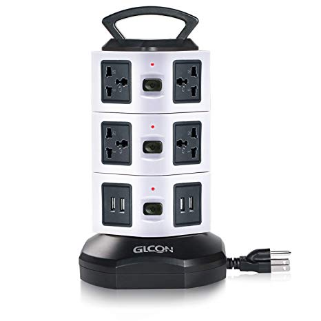 Power Strip Tower with 6.5ft Extension Cord - GLCON Multi Surge Protector Universal Vertical Socket for Home Ofiice - Electric Charging Station with 10 Outlet   4 USB Slot for PC Laptop - Black