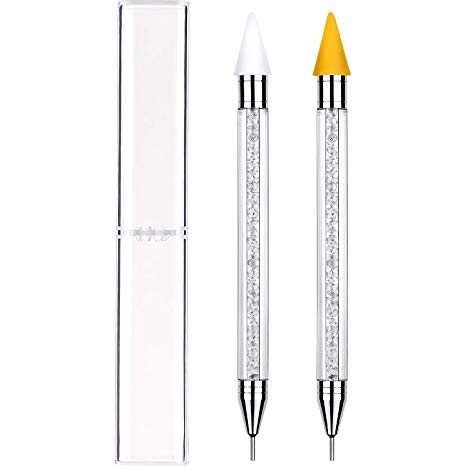 2 Pieces Rhinestone Picker Dotting Pen, Dual-ended Rhinestone Gems Crystals Studs Picker Wax Pencil Pen Crystal Beads Handle Manicure Nail Art DIY Decoration Tool (White)