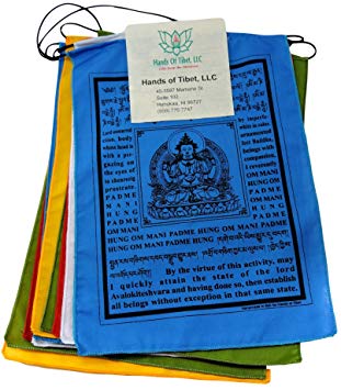 Hands Of Tibet Handmade Buddha of Compassion Prayer flags with English Translation (6x8)