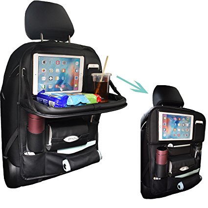 PU Leather Backseat Car Organizer with Table Tray for Baby Foldable Dining Table Desk SUASI Back Seat Tablet Ipad Holder Tissue Storage Bag Pockets for Kids Travel(1 Pack)