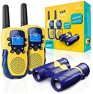 USA Toyz Vox Box Walkie Talkies for Kids - 2pk Voice Activated Walkie Talkie Set for Kids with LED Flashlight, 2 Mile Range, LCD Screen, and 1 Toy Binoculars (Blue and Yellow)