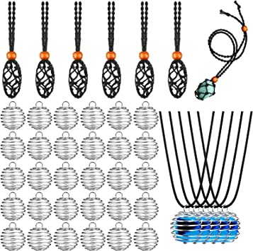 66 Pieces Empty Stone Holder Quartz Stone Necklace Cord Fish Netted Cord Adjustable Crystal Holder Spiral Bead Cages Pendants Black Waxed Necklace Cord for Jewelry Making Crafting Finding