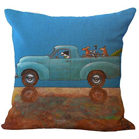 ChezMax Chair Seat Back Cushion Cover Linen Cotton Throw Pillow Case Decorative Pillowcase Square Pillowslip For Kid Boy Girl Blue Pickup Truck and Dogs 18 X 18''