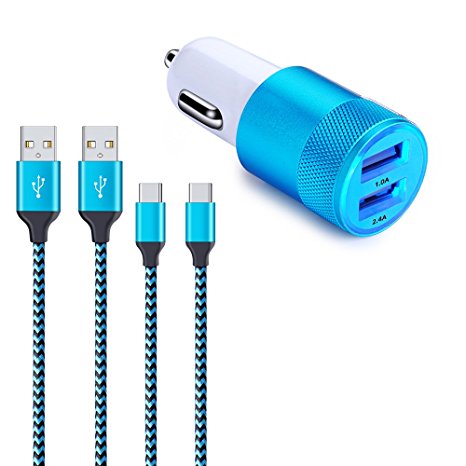 USB Car Charger, FiveBox 3.4A Car Phone Charger Adapter with 2-Pack 6ft USB Type C Charger Cable Cord for OnePlus 5 3 3T 2,Google Pixel 2/2 XL,Nexus 6P 5X,LG G6 G5 V30,Nintendo Switch,Moto Z Z2- Blue