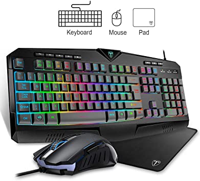 Gaming Keyboard and Mouse UK Layout (Mouse Pad Included), PICTEK RGB & 25-Key Anti-Ghosting Keyboard, 8 Independent Multimedia Keys Ergonomic Wrist Rest, 4 Adjustable DPI Mouse, Plug & Play