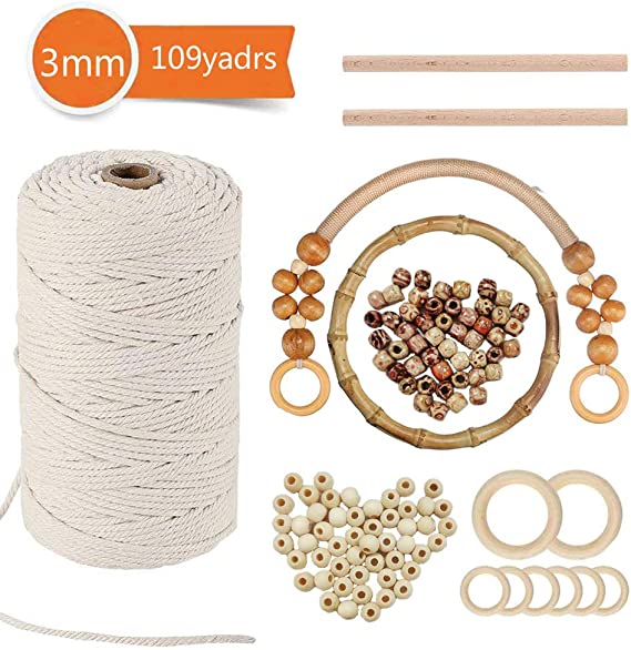 Macrame Cord, 3mm x 100m Natural Macrame String Rope Natural Beige Cotton Twisted Cord with Wood Beads for Handmade Enthusiasts Hand Craft DIY,Plant Hanger, Knitting