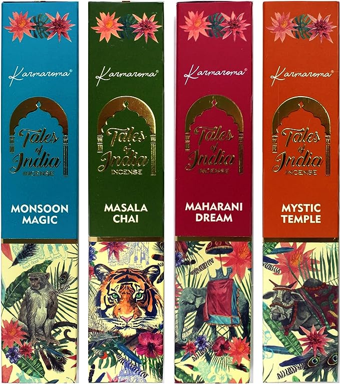 Tales of India - Karmaroma Incense - Sample Package - Maharani Dream, Masala Chai, Monsoon Magic and Mystic Temple Aromas