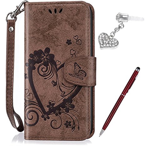 iPhone 6S Plus Case,iPhone 6 Plus Case,ikasus Embossing Love Butterfly Flower Flip Folio Wallet Case PU Leather Stand Protective Case  Touch Pen Dust Plug for iPhone 6S Plus / 6 Plus 5.5",Brown