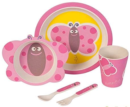 Naturally Chic Bamboo Fiber Kids Dish Set - Reusable, Small 5 Piece Set with Plate, Bowl, Cup, Fork and Spoon - Pink Butterfly