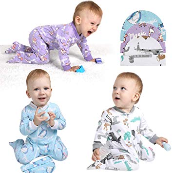 Lictin Baby Footed Pajamas (0-3M) - 100% Cotton 3pc Baby Long-Sleeved Romper Zipper Pajamas with 3pc Hat, Giraffe, Unicorn Design