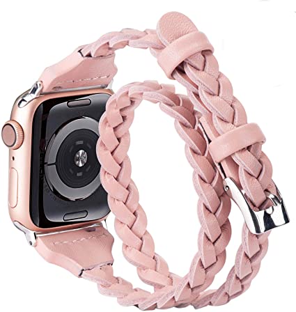 Moolia Double Leather Band Compatible with Apple Watch 42mm 44mm, Women Girls Woven Slim Leather Watch Strap Double Tour Bracelet Replacement for iWatch SE Series 6 5 4 3 2 1 (Rose Pink, 42mm/44mm)