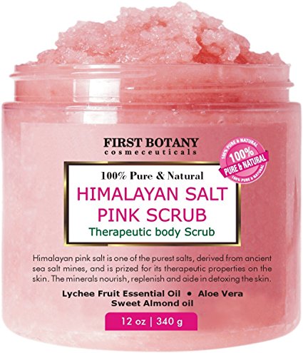 100% Natural Himalayan Salt Scrub 12 oz with Lychee Oil and Sweet Almond Oil- Best Body scrub, Deep Skin Exfoliator, Anti Cellulite, Body Wash, Moisturizer & Detox