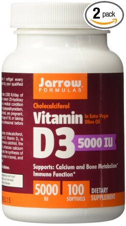 Jarrow Formulas Vitamin D3, 5000IU, 100 Softgels (Pack of 2)