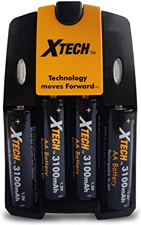 Xtech Rechargeable AA Batteries 3100mAh (4 Pack) and Battery Charger, Multi-Purpose and Emergency Rechargeable Double A Battery Set