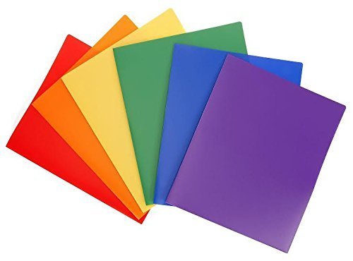 Heavy Duty Plastic 2 Pocket Folder (Assorted Colors Pack of 6) For Letter Size Papers, Includes Business Card Slot