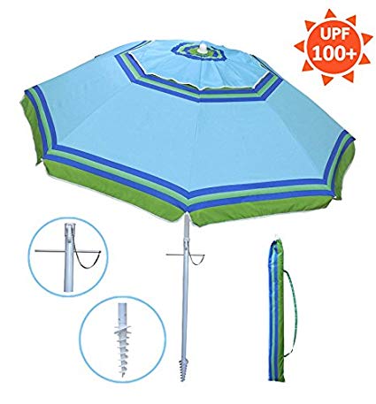 YATIO---7ft Beach Umbrella with Tilt and Integrated long Sand Anchor,Windproof, Sun protection SPF/UPF100 , Blue/Green stripe