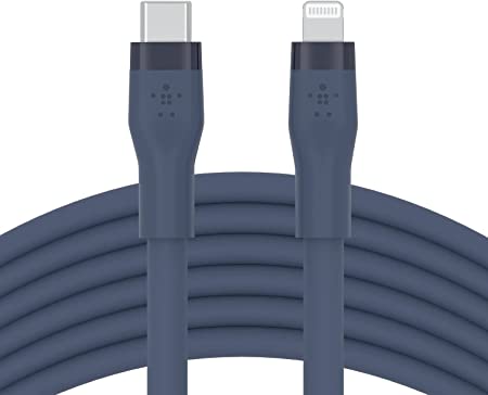 Belkin BoostCharge Flex Silicone USB Type C to Lightning Cable (3M/10ft), MFi Certified 20W Fast Charging PD Power Delivery for iPhone 14/14 Plus, 13, 12, Pro, Max, Mini, SE, iPad and More - Blue