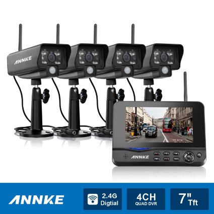 Annke Wireless Digital Home 4CH DVR  4 Infrared Night Vision Security Camera System with 7 LED Monitor Support Motion Detecting and Video Storage for Warehoues Garage Backyard Surveillance CCTV