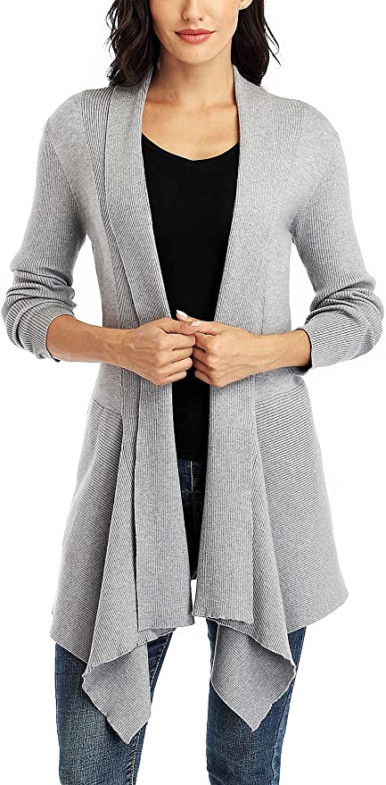 Dilgul Women Open Front Ribbed Drape Long Sleeve Cascading Cardigan Sweater