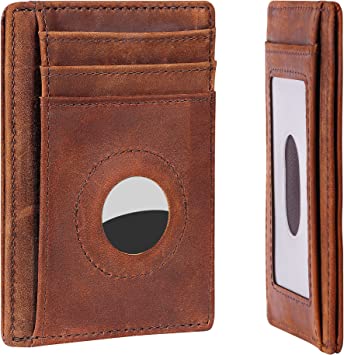 Hawanik Holder for AirTag Wallet Genuine Leahter Slim Minimalist Card Holder Compatible with AirTag Crazy Horse Leather Upgraded Version