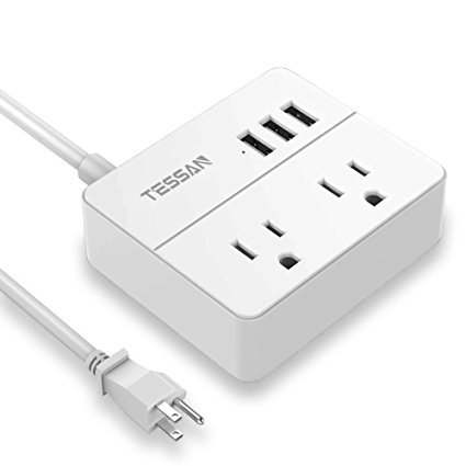 TESSAN Portable 2 Outlet Travel Power Strip with 3 Smart USB charging(15W)   5 Feet Power Cord Mini Multi-device Charging Station   Soft white LED for Business Trip Home Indoor -White