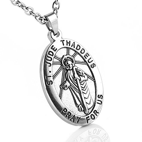 HZMAN Men's Silver Stainless Steel SAINT JUDE THADDEUS Jesus Oval Medal Pendant Necklace